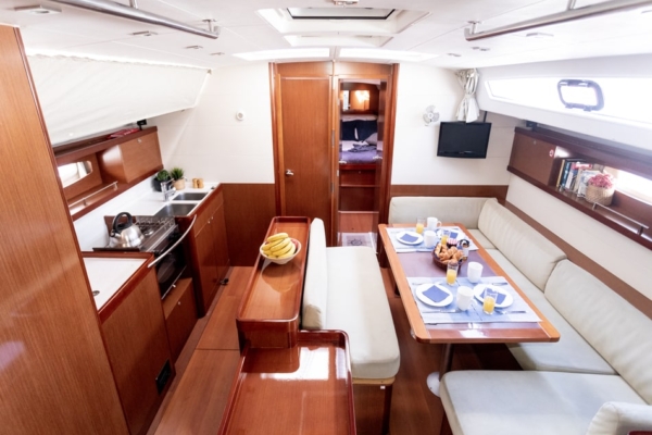 Oceanis 50 Family - Saloon laid for breakfast in Alimos Marina Port, Athens Riviera